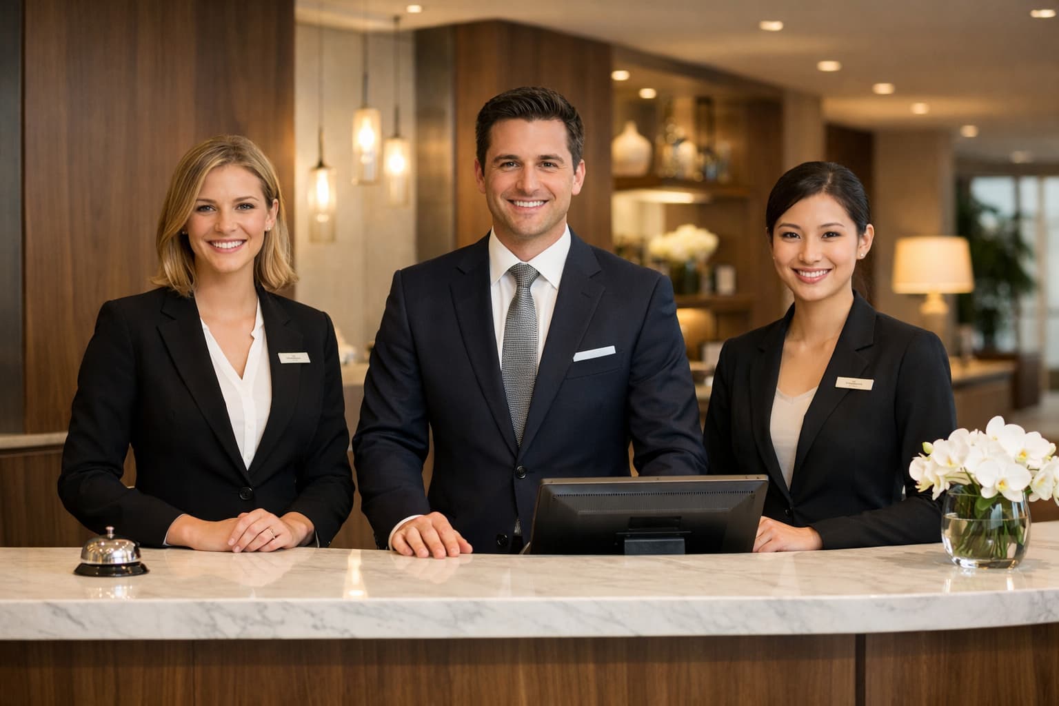 Professional hospitality team welcoming guests at a premium venue reception